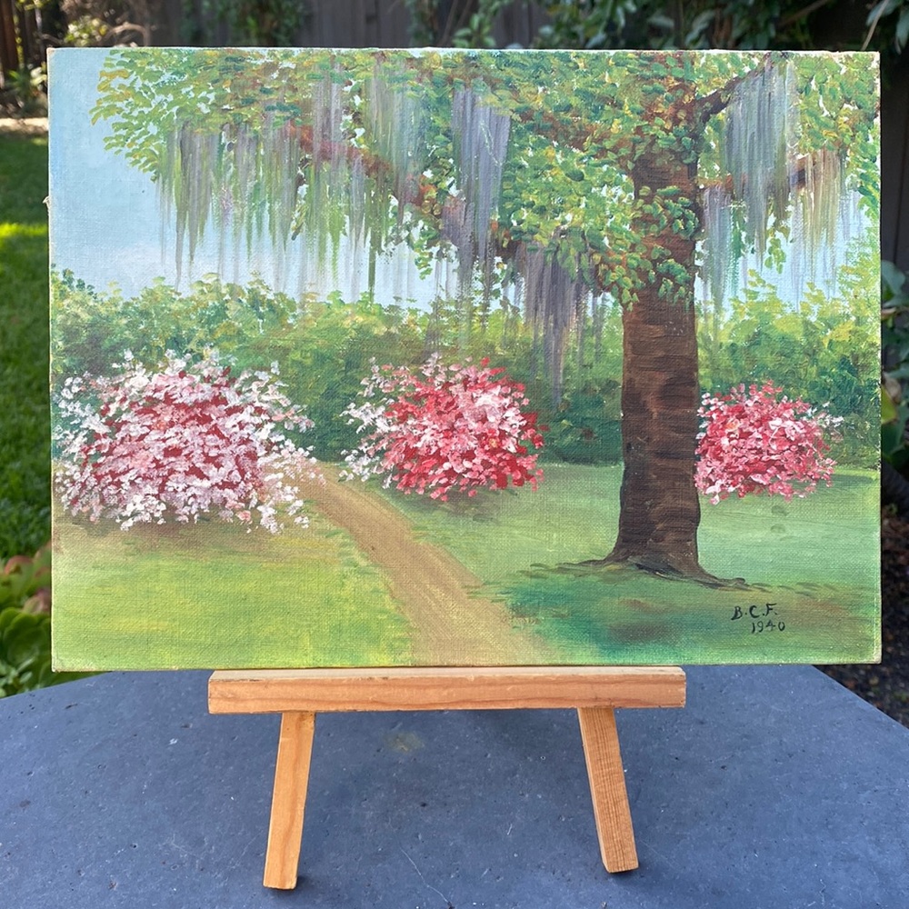 Original Painting “Flowers and Tree” Signed by Artist B.C.F 1940